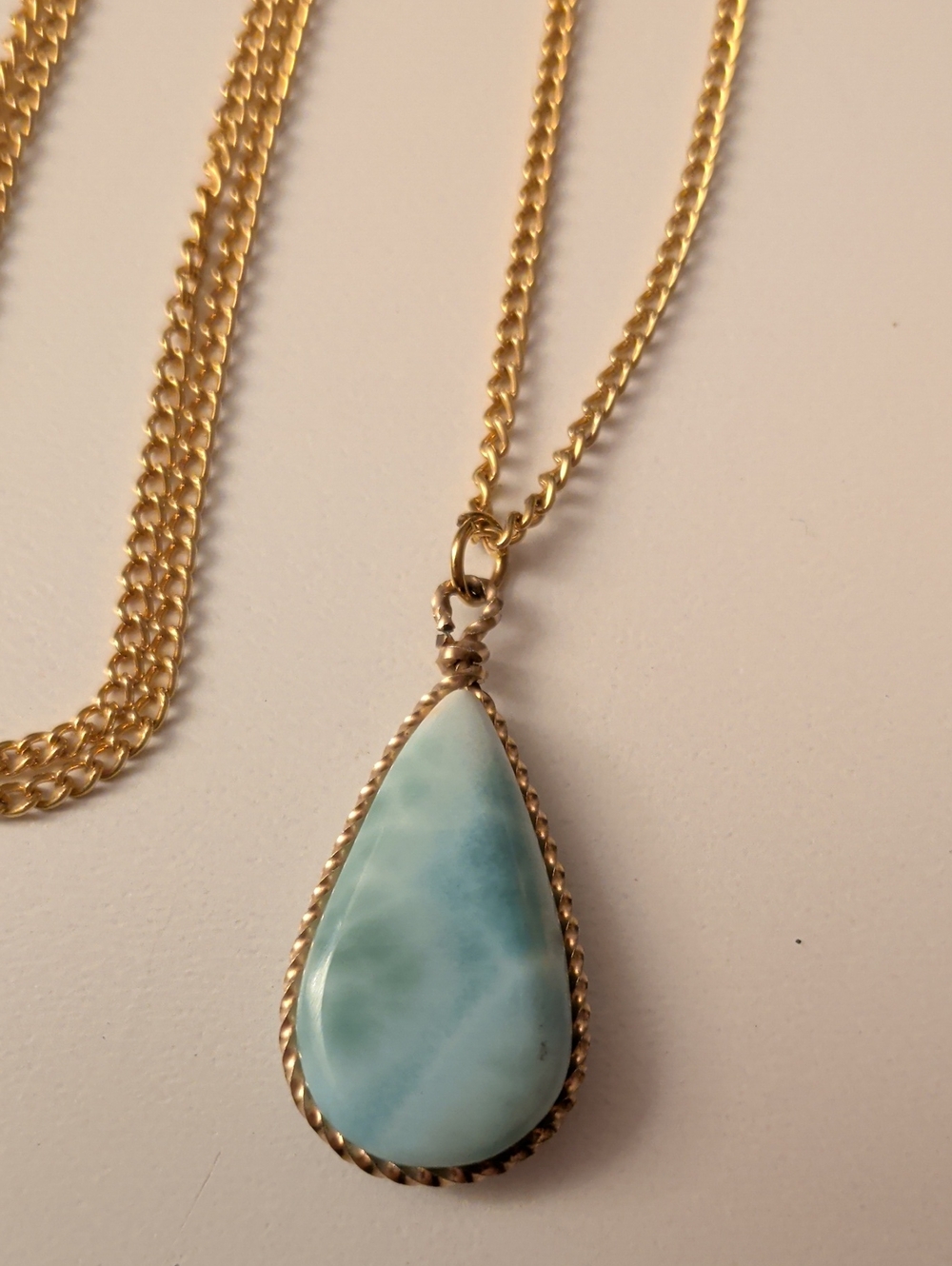 Natural Dominican Republic Larimar Gold Plated Teardrop Pendant Necklace